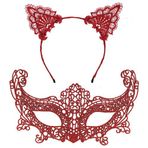 Hediye Bahçesi Romantik Kırmızı Dantel Maske Seti – Kedi Kulaklı Taç ve Maske No 3