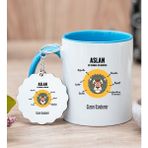 Hediye Dükkanı Kişiye Özel Aslan Burcuna Hediye Mavi Kupa Bardak ve Anahtarlık