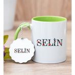 Hediye Dükkanı Kişiye Özel Çiçek Harf Tasarım İsim Yazılı Yeşil Kupa Bardak ve Anahtarlık