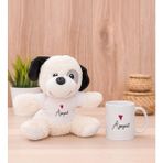 Hediye Dükkanı Kişiye Özel İsim Yazılı Minik Kalpli Beyaz Kupa Bardak ve Peluş Köpek