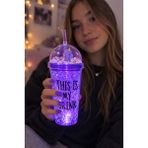 Hediye Filesi My Drink Temalı LED Işıklı Pipetli Suluk Buz Görünümlü 450 ml Çift Katman Mika Su Şişesi 2642 Mor