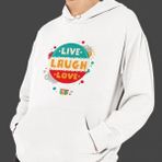 Hediye Kesesi Sevgililer Gününe Özel Live Laughe Love Temalı Cepli, Kapşonlu Beyaz Unisex Sweatshirt HK2524 - XS