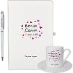 Hediye Rengi Isme Özel Defter Kalem ve Kahve Fincan Seti - Benim Canım Annem