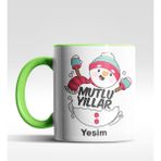 Hediye Zengini Kişiye Özel Mutlu Yıllar Kardan Adam Tasarımlı Yeşil Kupa - 200 ml - 1 Adet - Beyaz - Yeşil