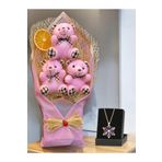 HediyeArıları Gerçek Ametist Taşlı Lotus Kolye ve Büyük Boy Pembe Peluş Ayıcık Buketi