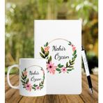 Hediyecepte Kişiye Özel Isimli Beyaz Defter Kalem Kupa Set