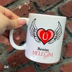Hediyeci Abla Size Özel Benim Meleğim Kanatlı Kalp Ü Harfli Seramik Baskılı Beyaz Kupa Bardak