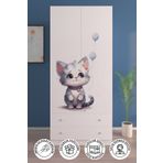 Hediyeler Kapında Beyaz 2 Kapaklı LONELY CAT 5 Raflı 2 Çekmeceli Askılı Gardırop