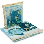 Hediyelik 4 Parça Mevlüt Seti Isme Özel Kadife Kaplı Yasin, Tesbihli Seccade Seti - Turkuaz - 115 x 68 cm