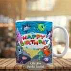 HEDIYELIK-467 Happy Birthday Yazılı Renkli Balıklı Kupa Bardak