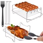 Hejo Ninja Çift Hava Fritözü ile Uyumlu 4 Parça Hava Fritöz Raf Seti, Çift Hava Fritöz Aksesuarları 4 Şiş + 1 Yağ Fırçası + Barbekü, Kavurma Fırını, Hava Fritözü için 1 Mutfak Maşası