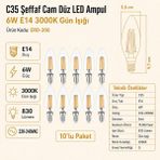 Heka C35 Şeffaf Cam Düz LED Ampul 6W E14 3000K Gün Işığı ERD-308 - 10'lu