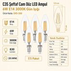 Heka C35 Şeffaf Cam Düz LED Ampul 6W E14 3000K Gün Işığı ERD-308 - 5'li