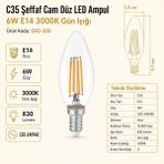 Heka C35 Şeffaf Cam Düz LED Ampul 6W E14 3000K Gün Işığı ERD-308 - Tekli