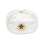 Heka Naturals Ushanka Rus askeri şapkası, kulak kapaklı ve çıkarılabilir Sovyet rozetli, kışlık kürk şapka, Trapper kayak beresi, harika SSCB hediye çapı, Beyaz, 60