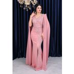Helen Fashion Şifon Tasarım İncili Taşlı V Dekolteli Abiye Elbise
