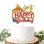 Helewilk Circus Happy Birthday Cake Topper, Kırmızı ve Altın Eğlence Parkı Pasta Topper, Sirk Temalı Karnaval Çadırı Kek Dekoru - Maymun Çadırı Dekorasyonu - Komik Çocuğun 1. 2. 3. 4. 5. Doğum Günü Partisi