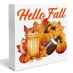 Hello Fall Dekor Sonbahar Evi Ahşap Kutu İşareti Akçaağaç Yaprağı Futbol Balkabağı Süslemeleri Rustik Ev Masa Rafı Masa Üstü Dekor 13,7 x 13,5 cm