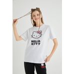 Hello Kitty Lisanslı Baskılı Basic Beyaz T-shirt Relaxed Kalıp Bisiklet Yaka 100% Pamuk Roz-23