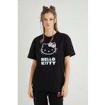 Hello Kitty Lisanslı Baskılı Basic Siyah T-shirt Relaxed Kalıp Bisiklet Yaka 100% Pamuk Roz-20