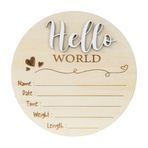 Hello World Ahşap Doğum Duyuru İşareti, 15,7 cm Yuvarlak Kreş Fotoğraf Pervanesi, Bebek Adı Ağırlık Uzunluğu Tarih Saat Plaketi (BB74)