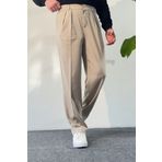 hello7 Baggy Krem Renk Esnek Çift Pileli Pantolon Rahat Kalıp Yeni Sezon