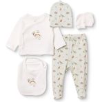 Hellobaby Erkek Bebek 5li Hastane Çıkışı Dinozor Baskılı Çıtçıtlı Bisiklet Yaka Uzun Kol Patikli - Yenidoğan - Ekru