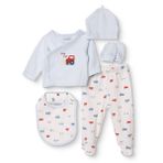 HelloBaby Erkek Bebek 5li Hastane Çıkışı Seti Araba Baskılı Çıtçıtlı Bisiklet Yaka Long Sleeve Patikli - Ekru