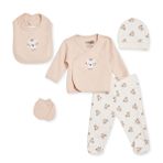 HelloBaby Erkek Bebek 5li Hastane Çıkışı Seti Aslan Baskılı Çıtçıtlı Bisiklet Yaka Uzun Kol Patikli - Ekru