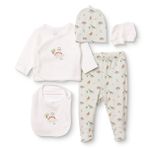 HelloBaby Erkek Bebek 5li Hastane Çıkışı Seti Dinozor Baskılı Çıtçıtlı Bisiklet Yaka Uzun Kol Patikli - Ekru