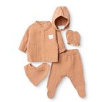HelloBaby Erkek Bebek 5li Hastane Çıkışı Seti Hayvan Baskılı Çıtçıtlı Bisiklet Yaka Uzun Kol Patikli - Kahverengi