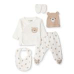 HelloBaby Erkek Bebek 5li Hastane Çıkışı Seti Hayvan Baskılı Çıtçıtlı Zarf Yaka Long Sleeve Patikli - Ekru