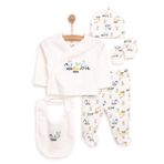 HelloBaby Erkek Bebek 5li Hastane Çıkışı Seti Zarf Yaka Uzun Kol Patikli - Ekru