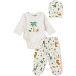 Hellobaby Erkek Bebek Body-Alt-Şapka Hayvan Baskılı Çıtçıtlı Bisiklet Yaka Uzun Kol Patikli - 0 - 1 Ay - Ekru