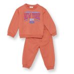 HelloBaby Erkek Bebek Eşofman Takımı Slogan Baskılı Bisiklet Yaka Uzun Kol Ribanalı - Kahverengi