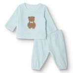 HelloBaby Erkek Bebek Kadife Pijama Takımı Ayı Baskılı Bisiklet Yaka Uzun Kol Ribanalı - Mavi