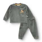 HelloBaby Erkek Bebek Kadife Pijama Takımı Çiçek Baskılı Bisiklet Yaka Uzun Kol Ribanalı - Yeşil