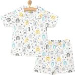 Hellobaby Erkek Bebek Pijama Takım Düğmeli Kapüşonlu Yaka Kısa Kol - Ekru - 3 Yaş