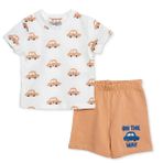 HelloBaby Erkek Bebek Pijama Takımı Araba Baskılı Bisiklet Yaka Short Sleeve Reçme - Ekru