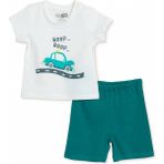 Hellobaby Erkek Bebek Pijama Takımı Araba Baskılı Çıtçıtlı Bisiklet Yaka Kısa Kol Reçme - Ekru - 3 - 4 Yaş