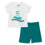 HelloBaby Erkek Bebek Pijama Takımı Araba Baskılı Çıtçıtlı Bisiklet Yaka Kısa Kol Reçme - Ekru