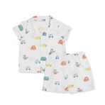 HelloBaby Erkek Bebek Pijama Takımı Araba Baskılı Düğmeli Bebe Yaka Uzun Kol Reçme - Ekru