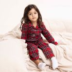 HelloBaby Erkek Bebek Pijama Takımı Ekose Baskılı Düğmeli Bebe Yaka Uzun Kol Reçme - Kırmızı