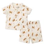 HelloBaby Erkek Bebek Pijama Takımı Hayvan Baskılı Düğmeli Gömlek Yaka Kısa Kol Reçme - Ekru