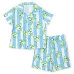 HelloBaby Erkek Bebek Pijama Takımı Hayvan Baskılı Düğmeli Gömlek Yaka Short Sleeve Reçme - Mavi