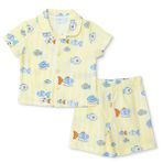 HelloBaby Erkek Bebek Pijama Takımı Hayvan Baskılı Düğmeli Gömlek Yaka Short Sleeve Reçme - Sarı