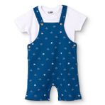 HelloBaby Erkek Bebek Salopet-Tişört Marin Baskılı Düğmeli Bebe Yaka Kısa Kol Reçme - Saks