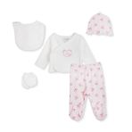 HelloBaby Kız Bebek 5li Hastane Çıkışı Seti Fiyonk Desenli Çıtçıtlı Bisiklet Yaka Long Sleeve Patikli - Ekru