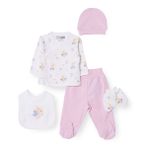 HelloBaby Kız Bebek 5li Hastane Çıkışı Seti Hayvan Baskılı Çıtçıtlı Zarf Yaka Uzun Kol Patikli - Ekru