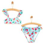 HelloBaby Kız Bebek Bikini Alt-Üst 2li Takım Meyve Desenli Fırfırlı Turkuaz -